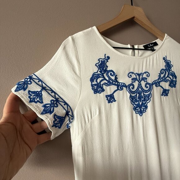Women's M Lulus Tale to Tell Blue and Ivory Embroidered Shift Dress - Picture 6 of 10